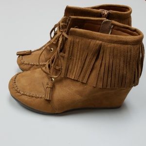 Etc Suede Fringe Wedge Booties.